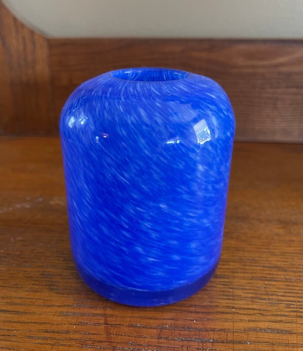 Art Glass Cobalt Blue & White Swirl Small Vase 4" Tall 2.5" Wide